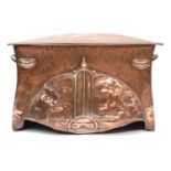 An Arts and Crafts embossed copper coal scuttle,