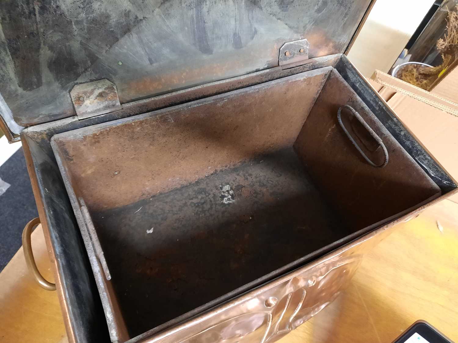 An Arts and Crafts embossed copper coal scuttle, - Image 6 of 6