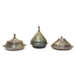 Three Ottoman tinned copper lidded dishes,