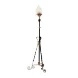 A wrought iron, copper and brass telescopic standard lamp,