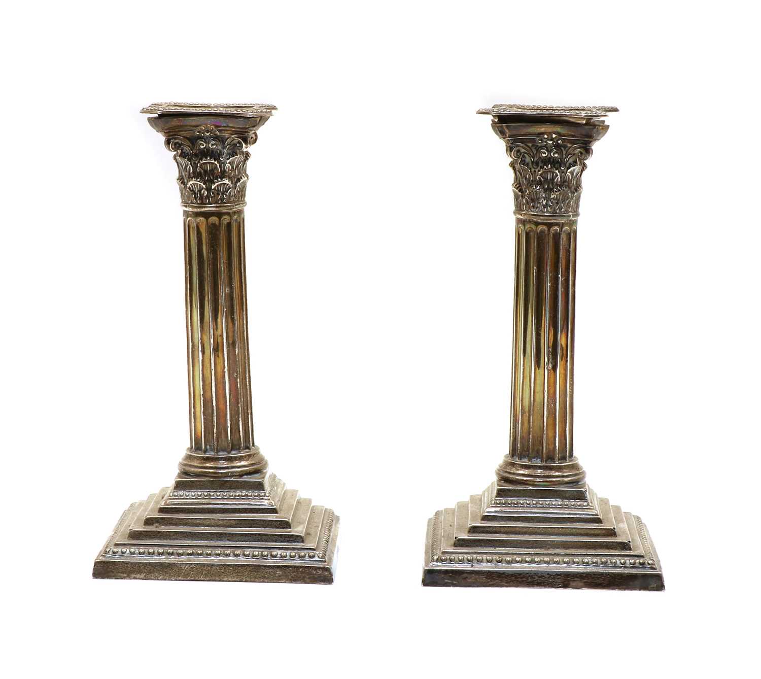 A pair of silver Corinthian column candlesticks, - Image 2 of 6