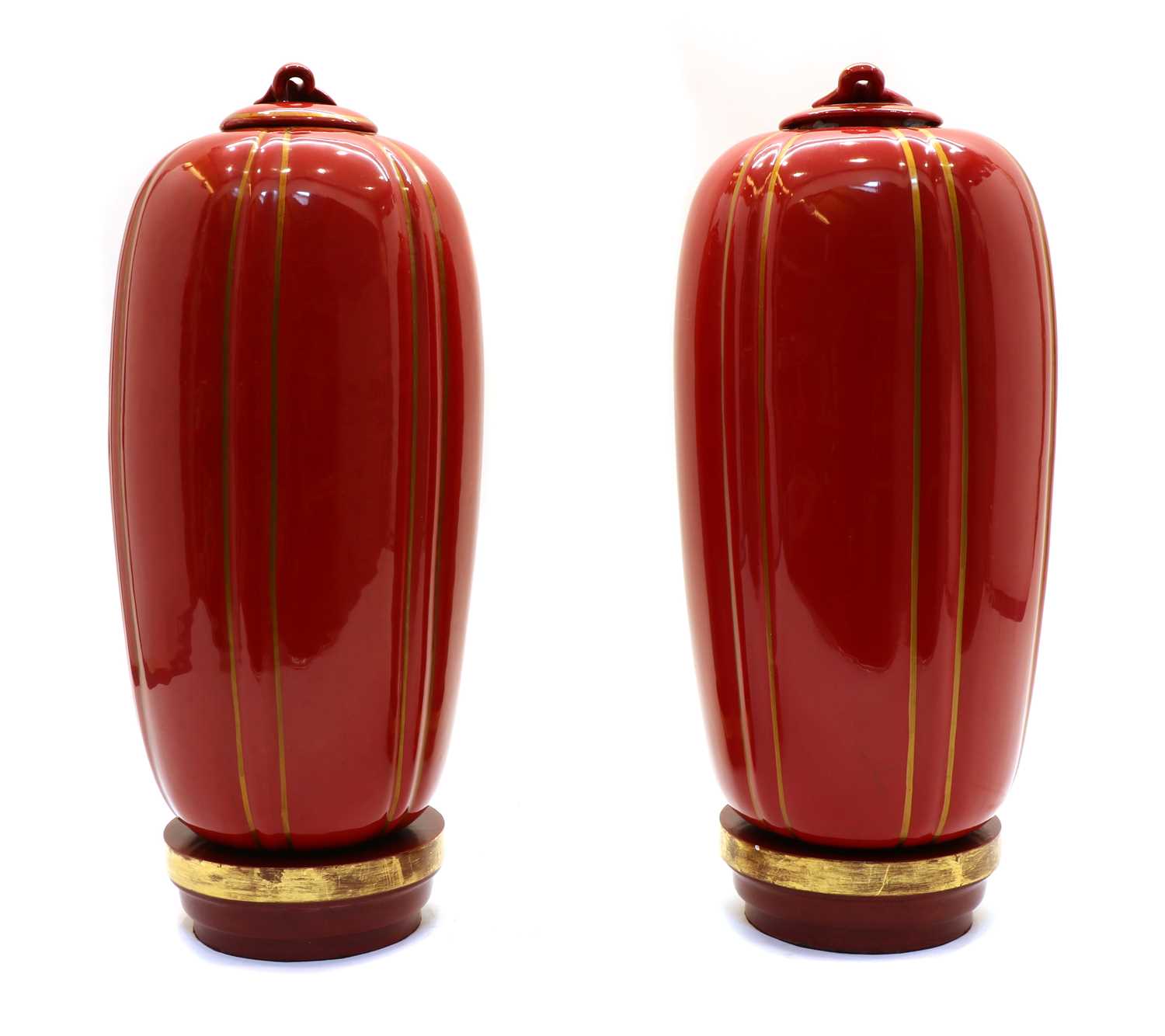A pair of red-glazed and gilt-heightened porcelain vases, - Image 2 of 3
