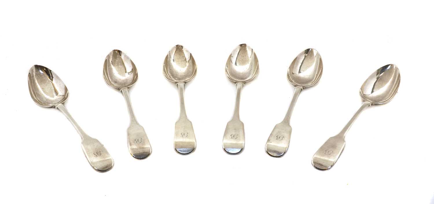 A set of six William lV silver fiddle pattern serving spoons