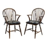 A pair of ash and elm low stick-back Windsor chairs,