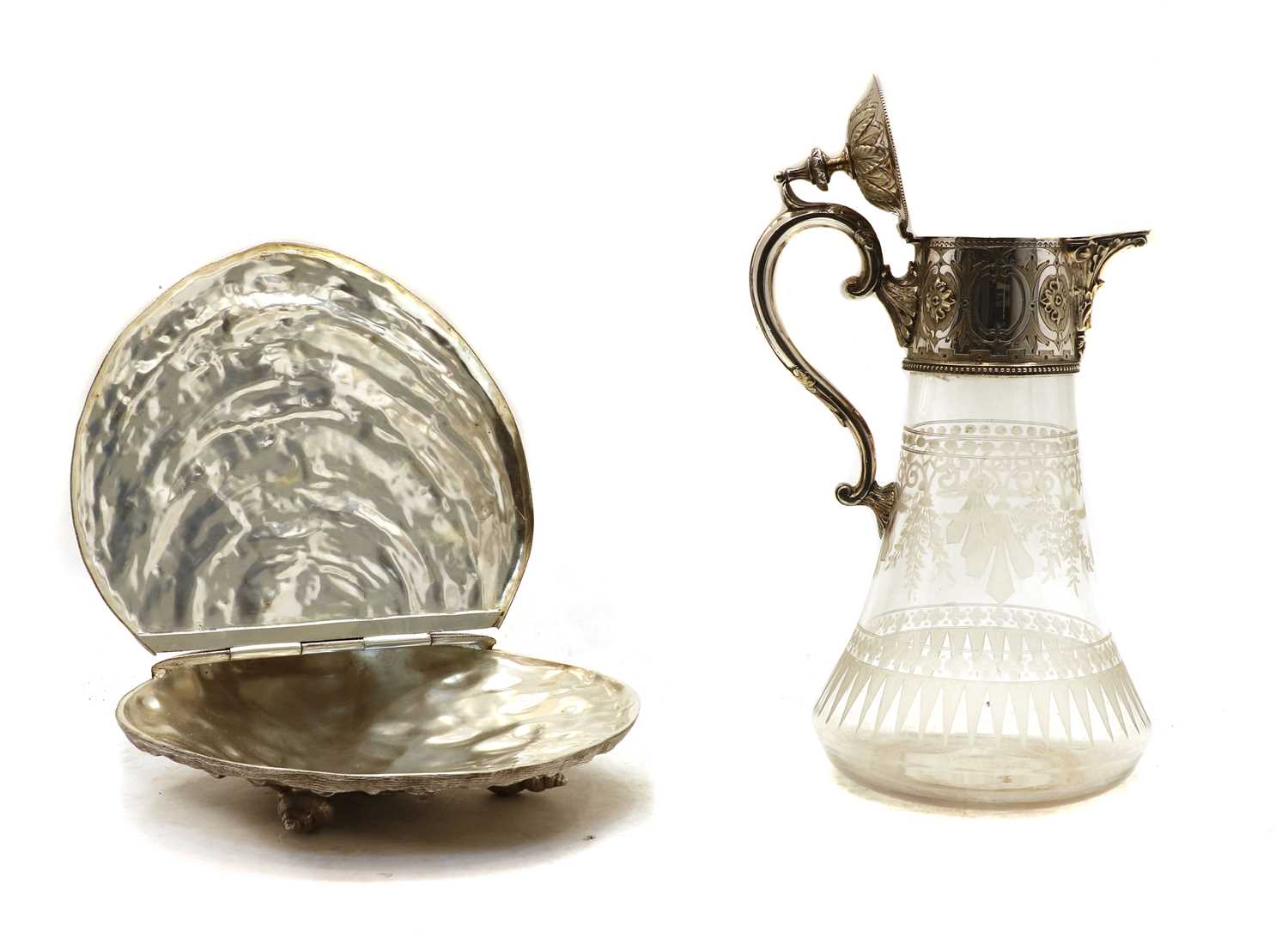 A silver plated and glass claret jug and a shell box - Image 2 of 2