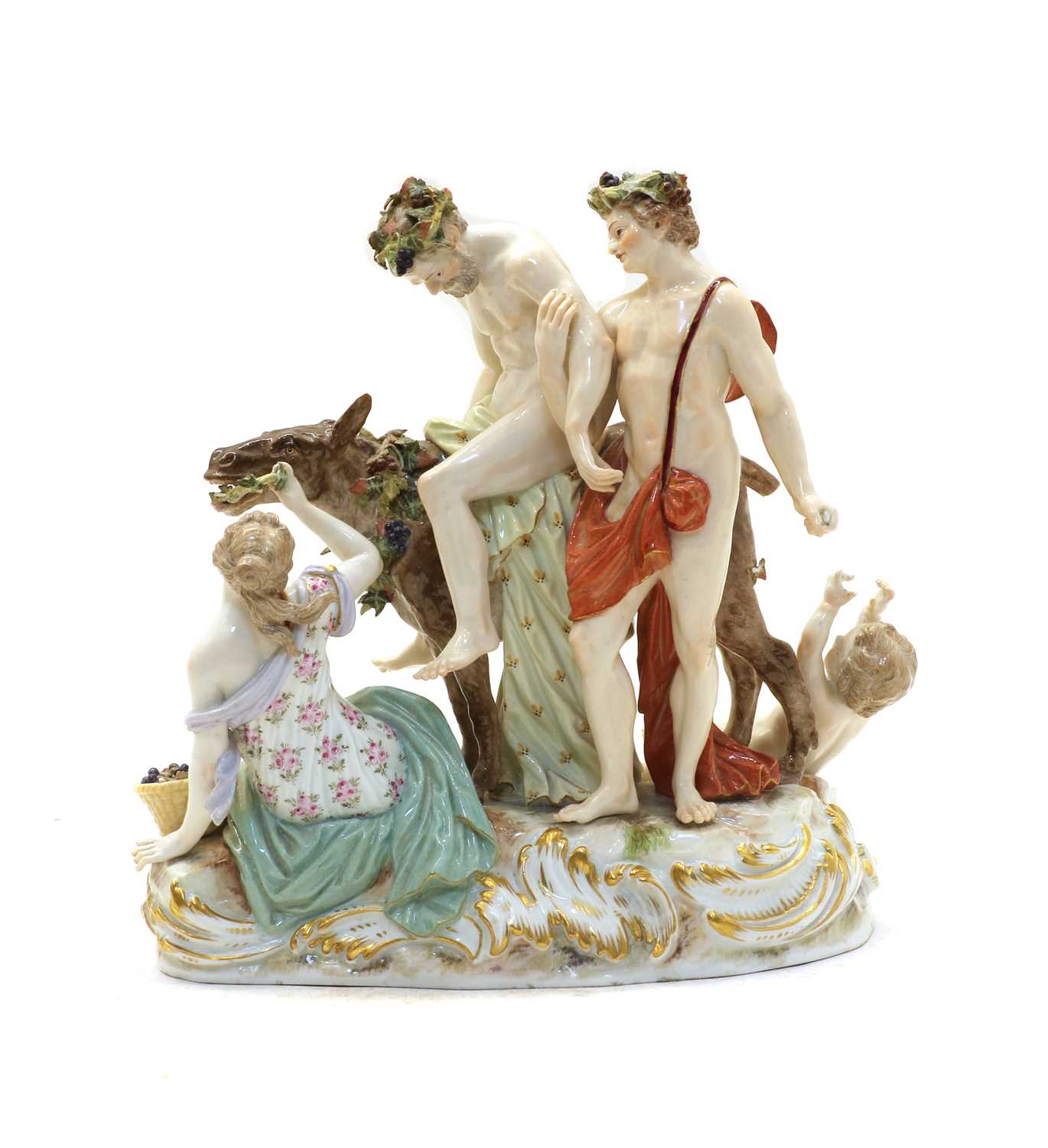 A Meissen porcelain figural group of the drunken Silenus,