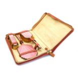 A silver and pink guilloche enamel cased dressing table set,