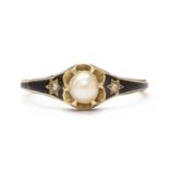 A Victorian gold enamel, split pearl and diamond memorial ring,