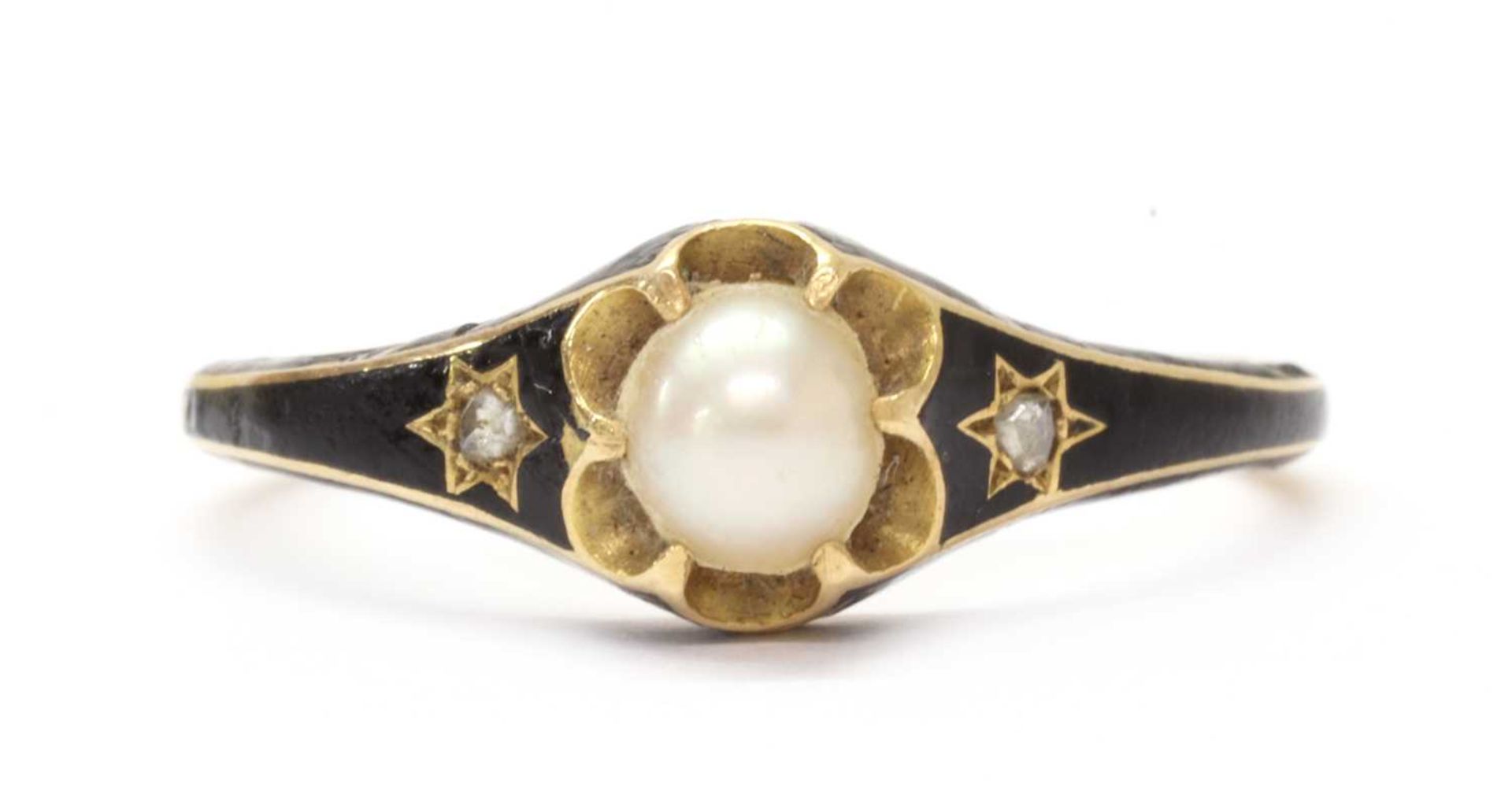 A Victorian gold enamel, split pearl and diamond memorial ring,