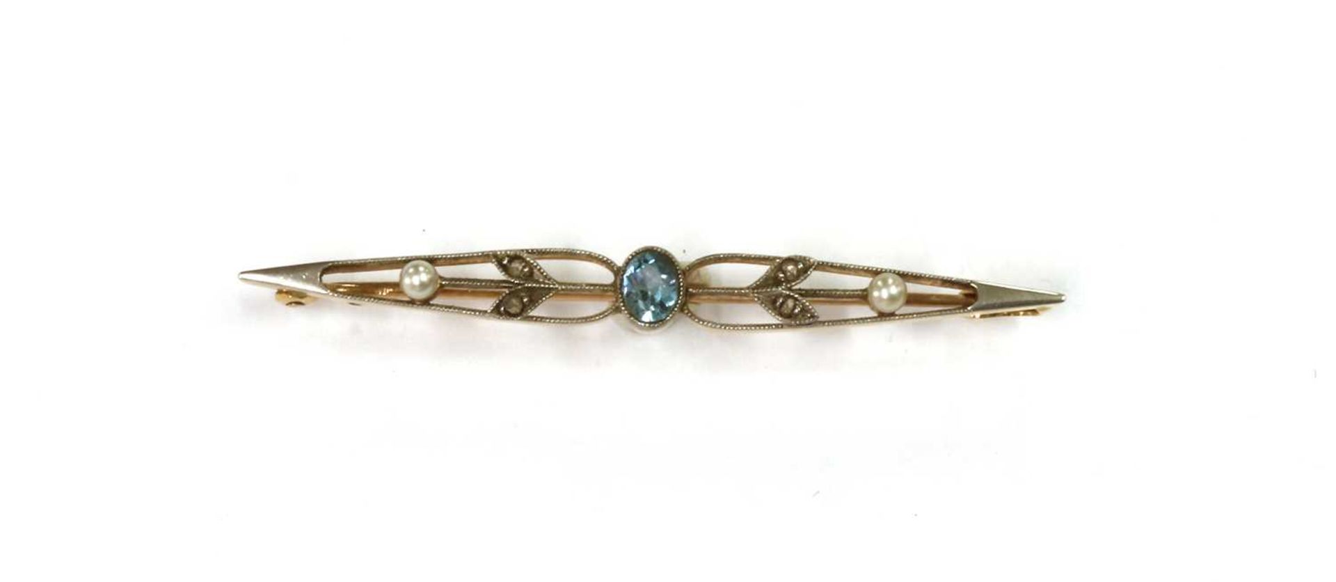 An Edwardian gold aquamarine, diamond and seed pearl brooch,