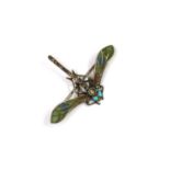 A Continental Art Nouveau silver plique-à-jour enamel, turquoise and paste set dragonfly brooch,