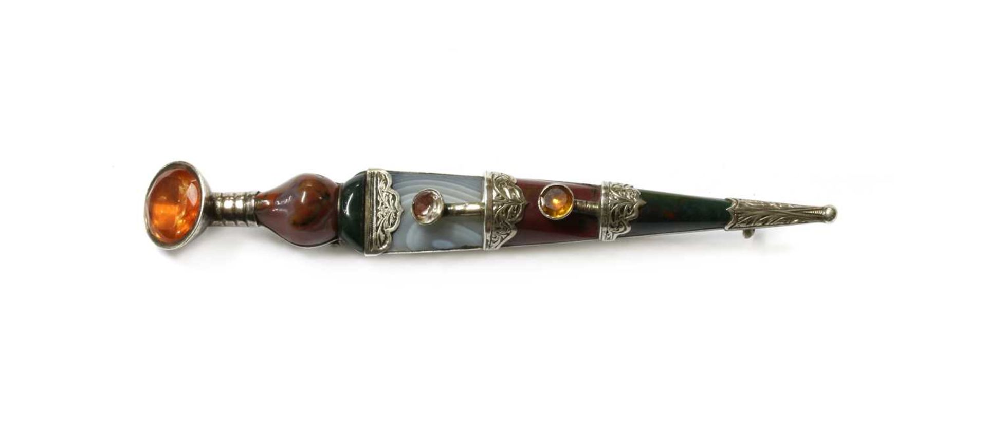 A Victorian silver Scottish hardstone or pebble dirk brooch,