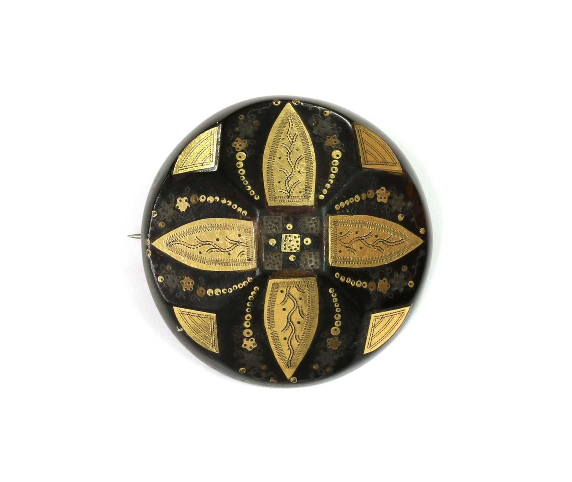 A Victorian piqué work tortoiseshell brooch,