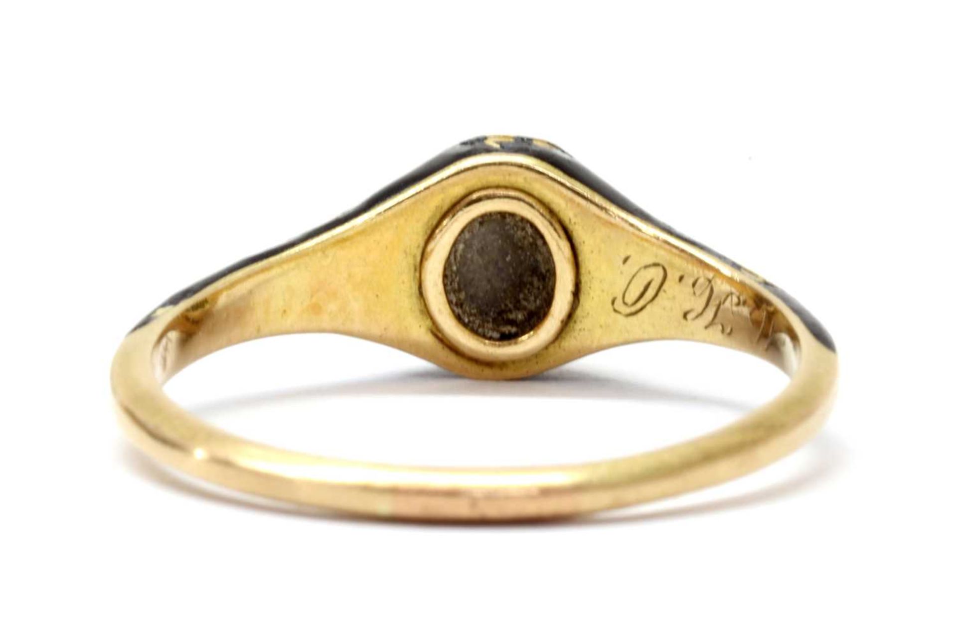 A Victorian gold enamel, split pearl and diamond memorial ring, - Image 3 of 9