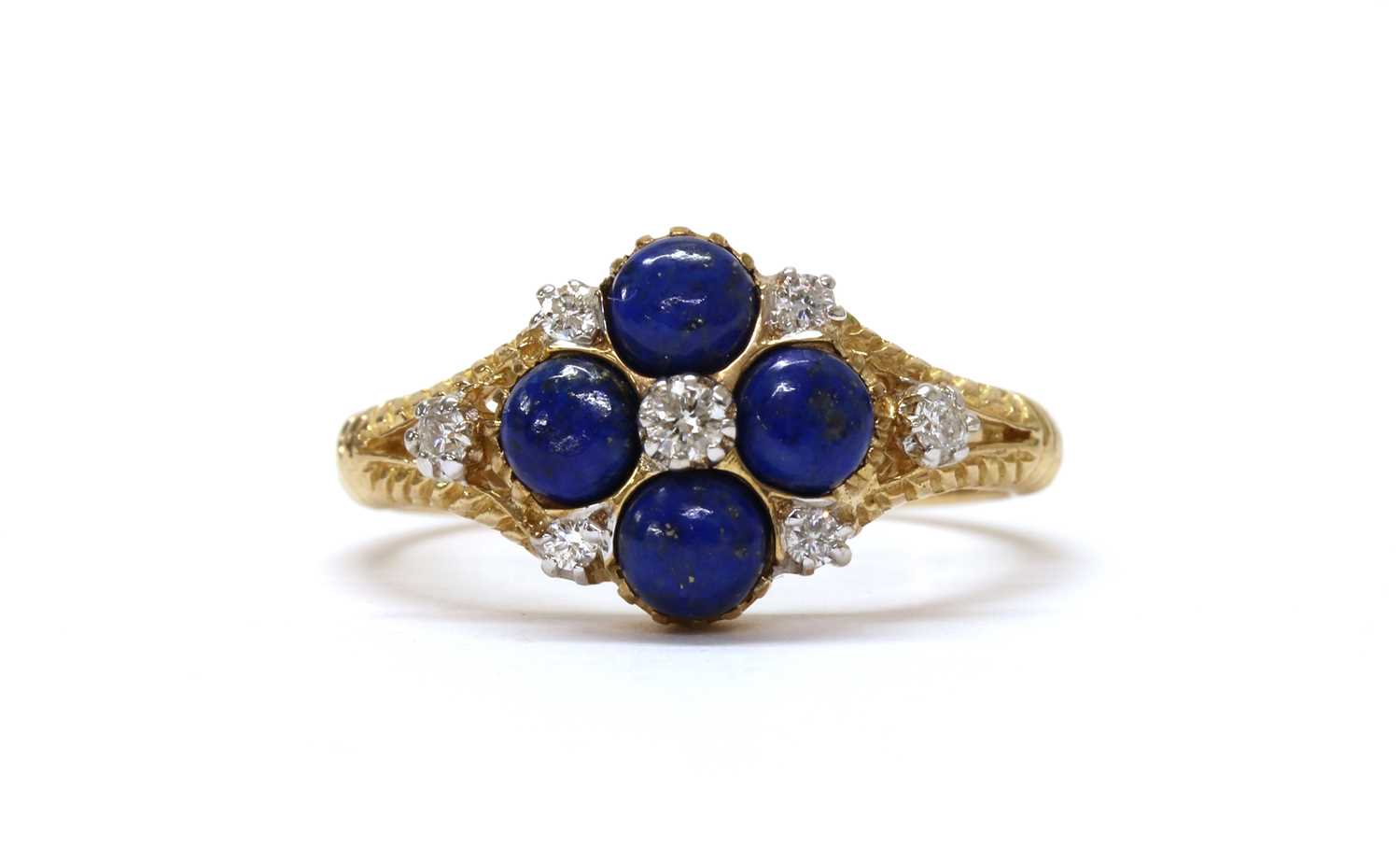 A 9ct gold diamond and lapis lazuli cluster ring,