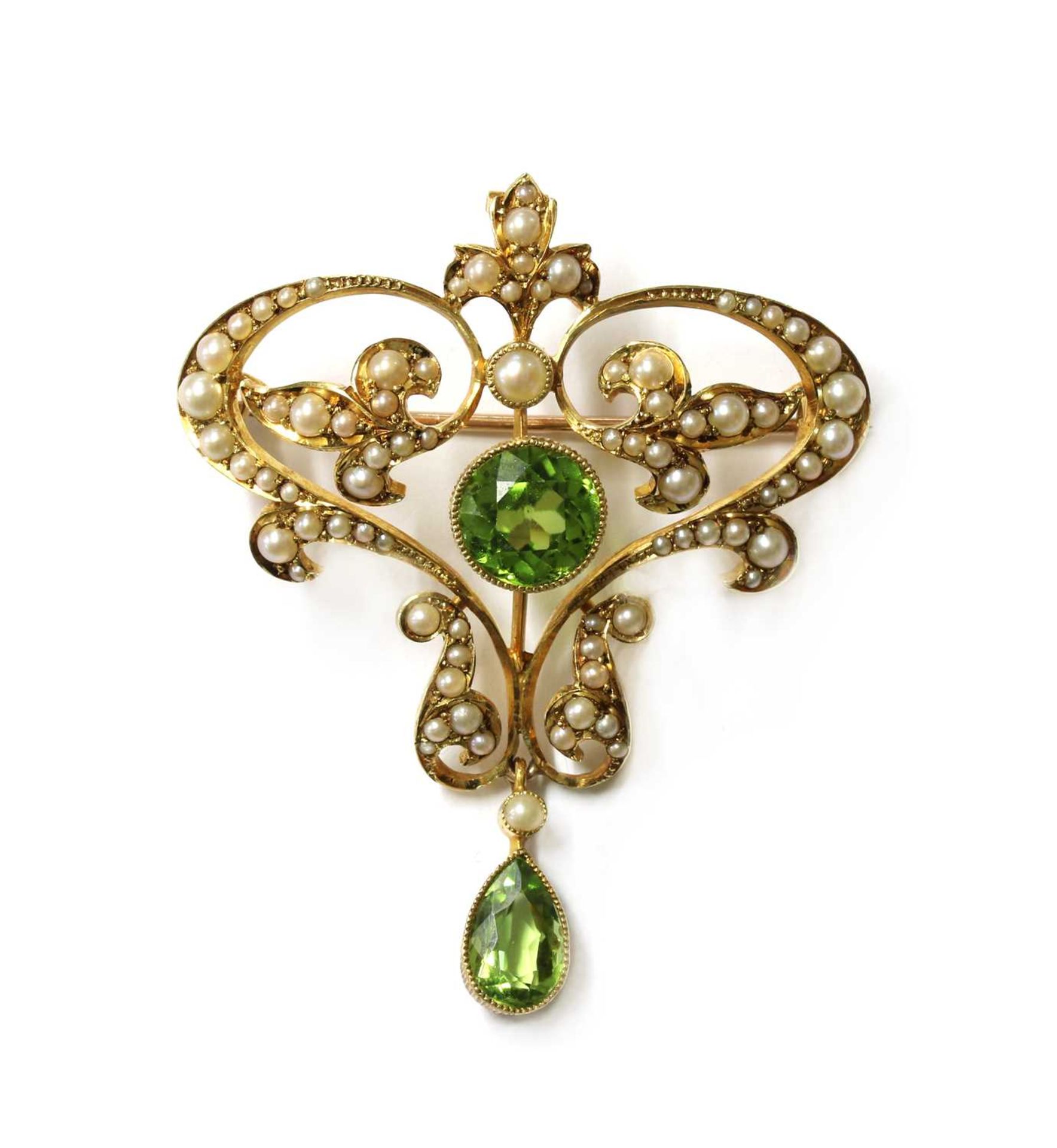 An Edwardian gold peridot and split pearl brooch/pendant,