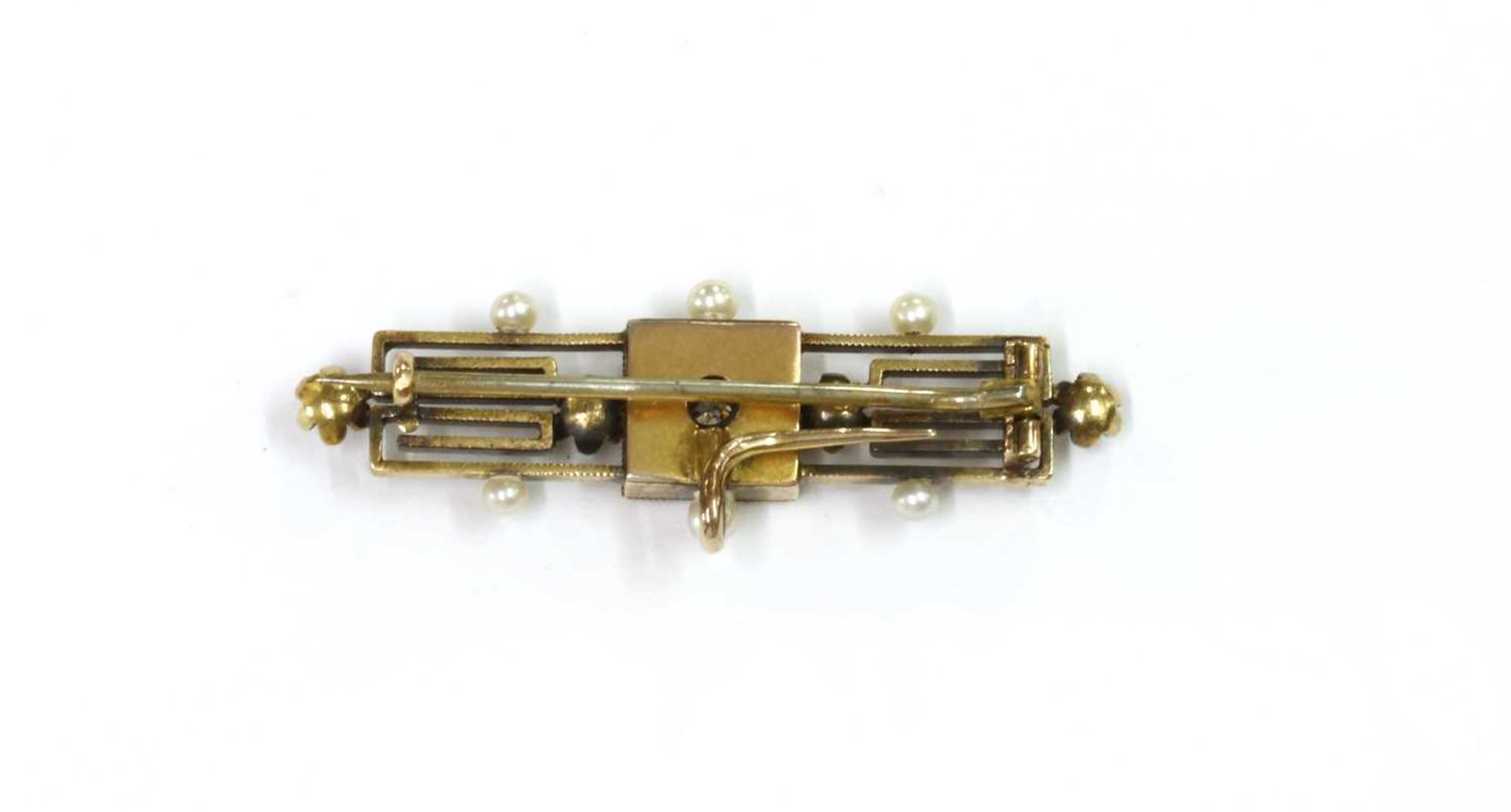 A gold Archaeological revival diamond and seed pearl brooch, - Image 2 of 2