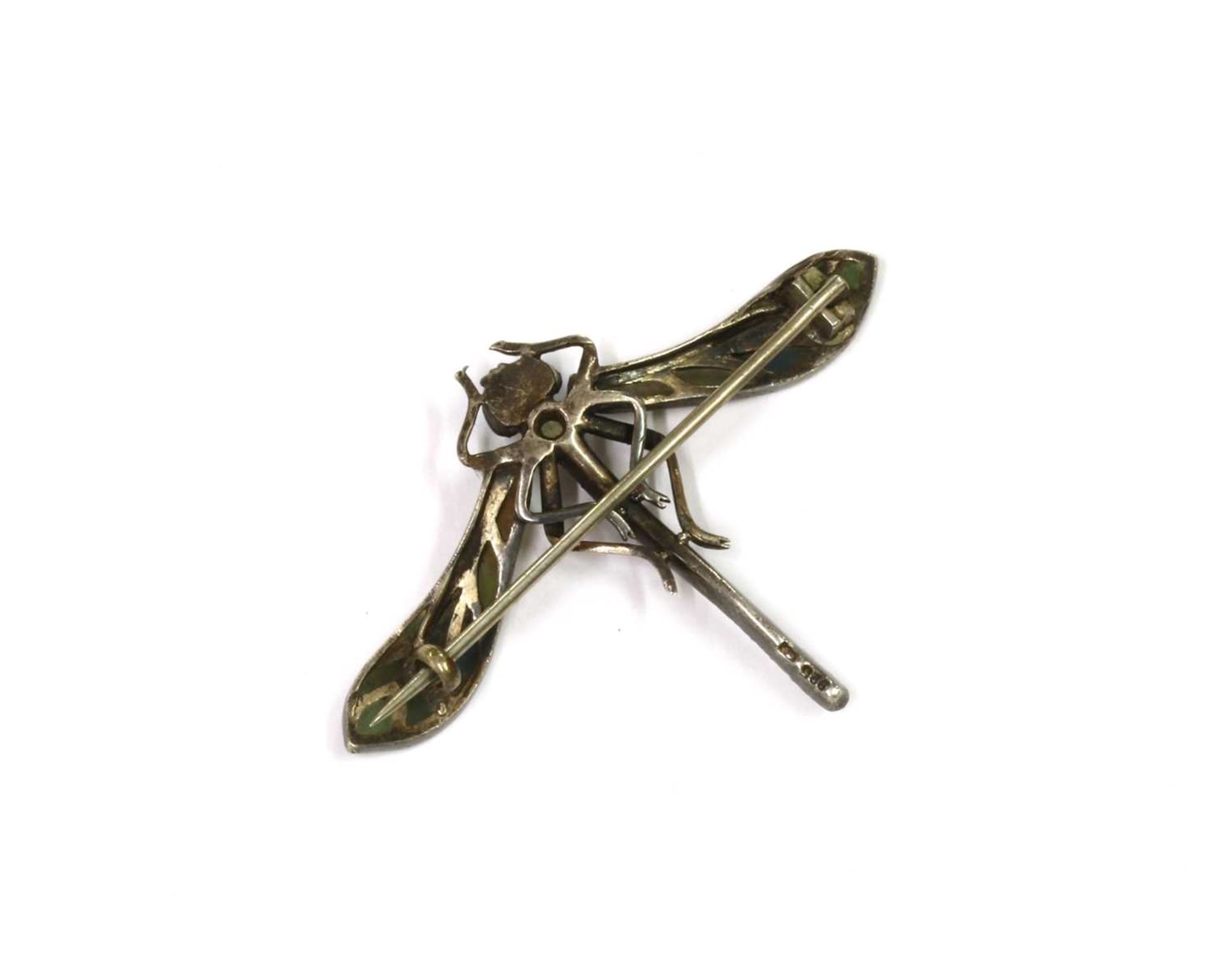 A Continental Art Nouveau silver plique-à-jour enamel, turquoise and paste set dragonfly brooch, - Image 2 of 2