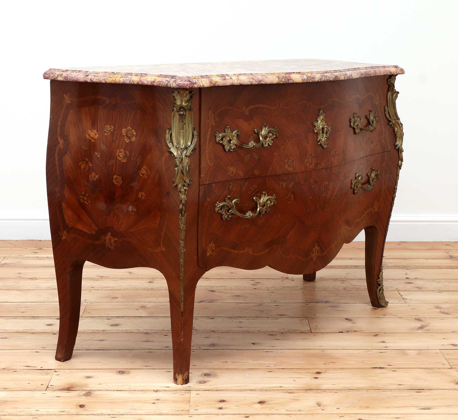 A French Louis XV mahogany, tulipwood and marquetry inlaid commode, - Image 2 of 9