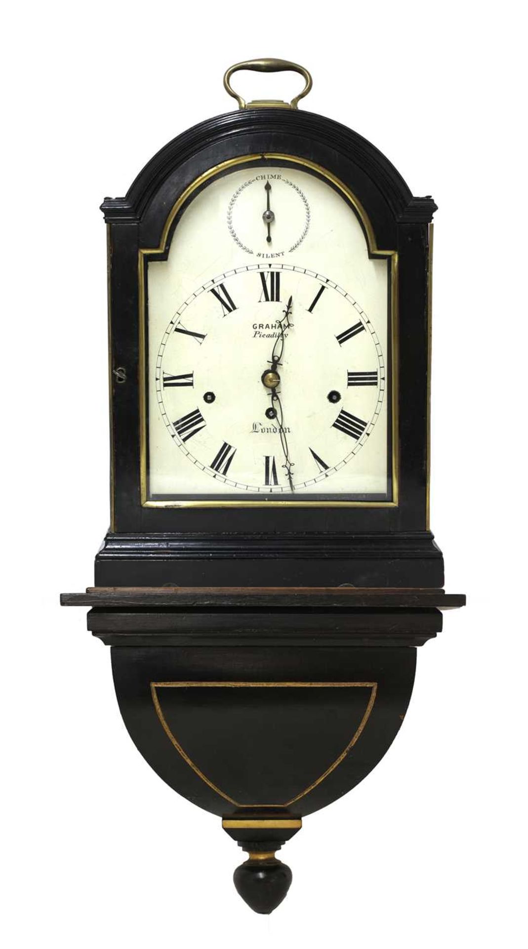 An ebonised musical bracket clock and bracket,