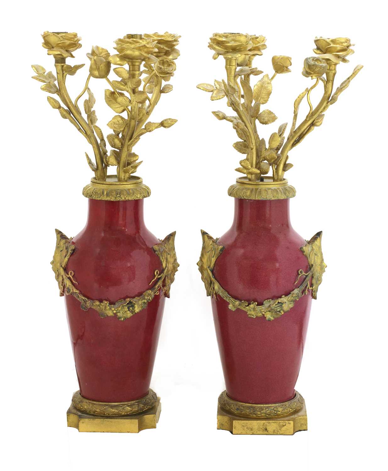 A pair of ormolu-mounted pink ground vase lamps, - Image 3 of 6