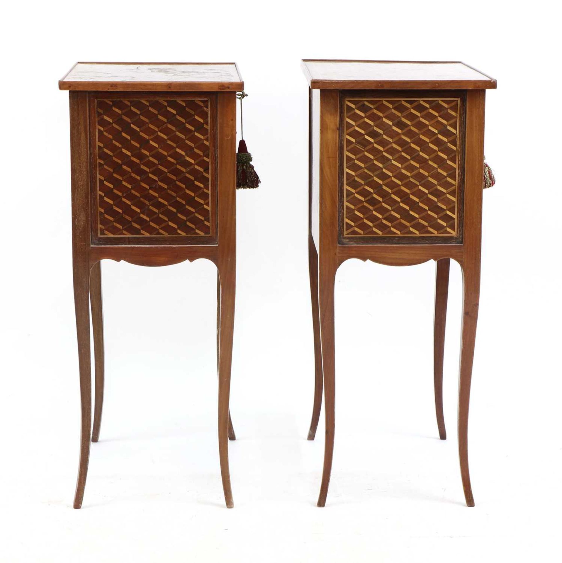 A pair of parquetry inlaid night tables, - Image 3 of 14