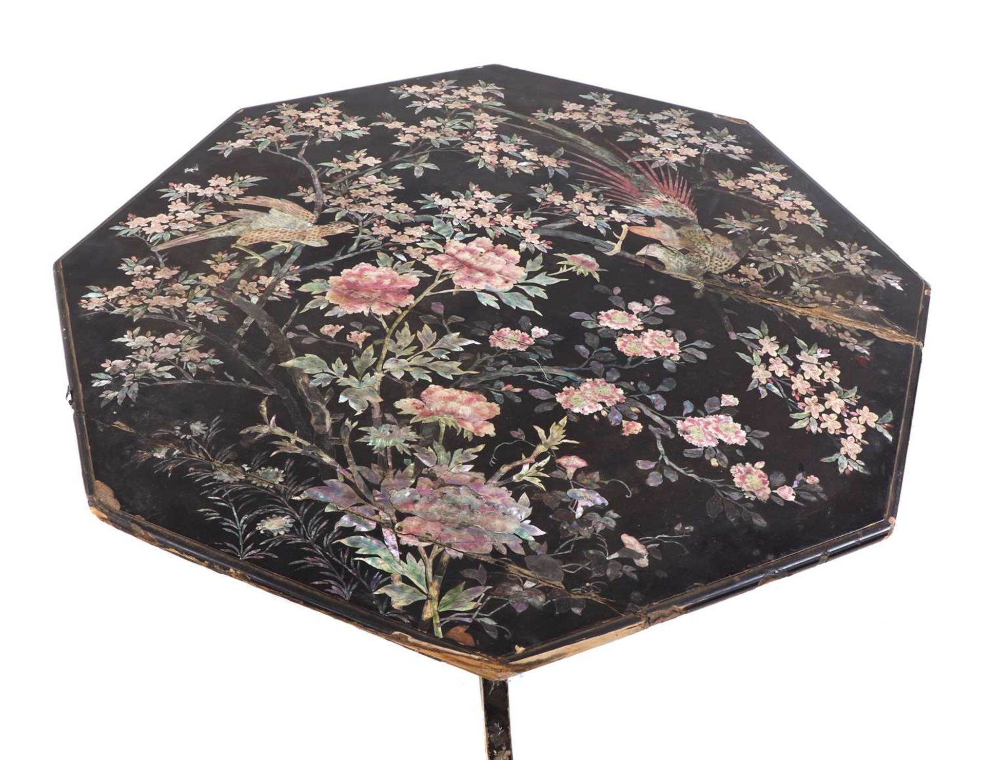 A Victorian lacquered, mother-of-pearl inlaid and painted octagonal occasional table, - Bild 3 aus 17