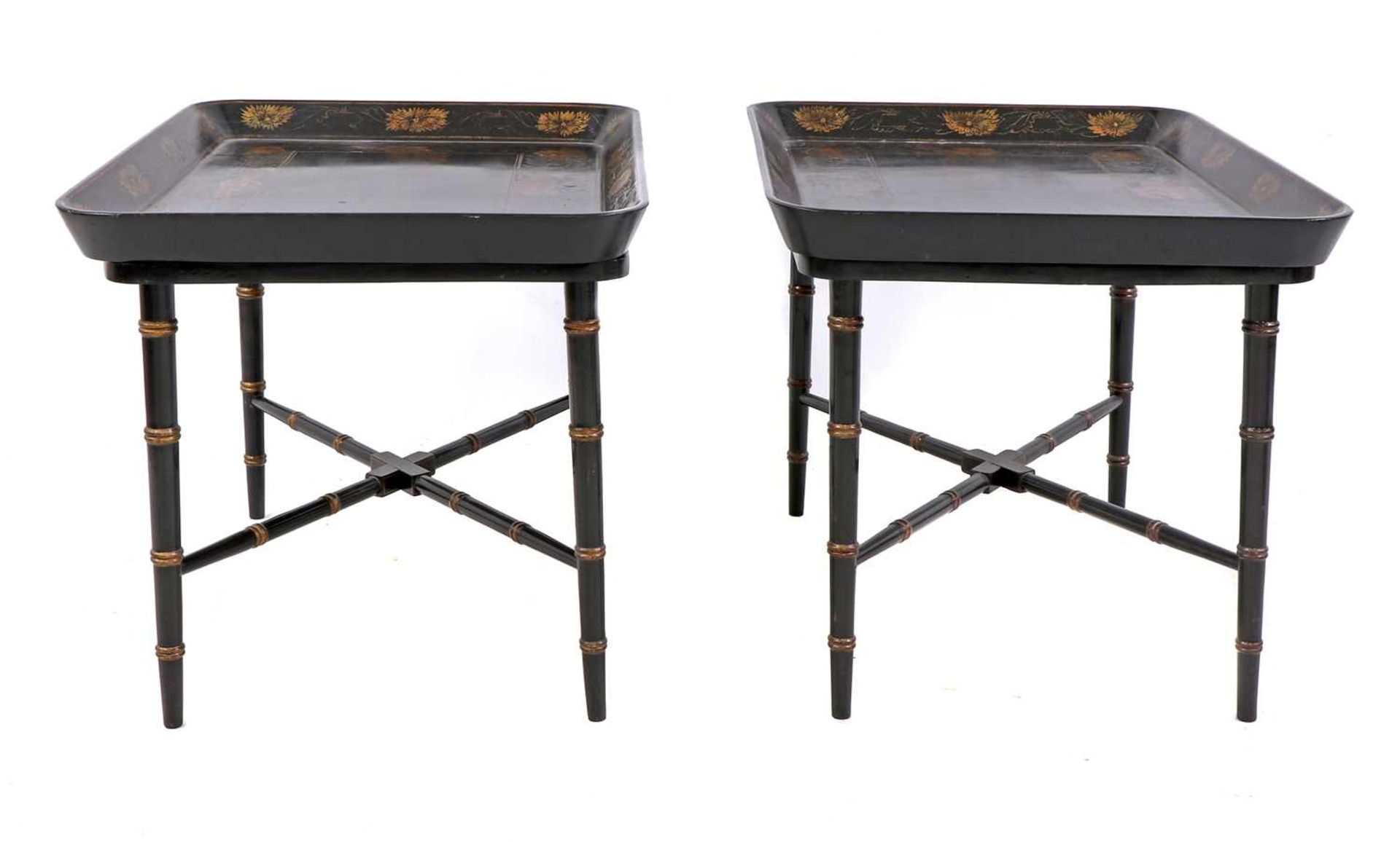 A pair of Regency-style papier mâché tray-top side tables,