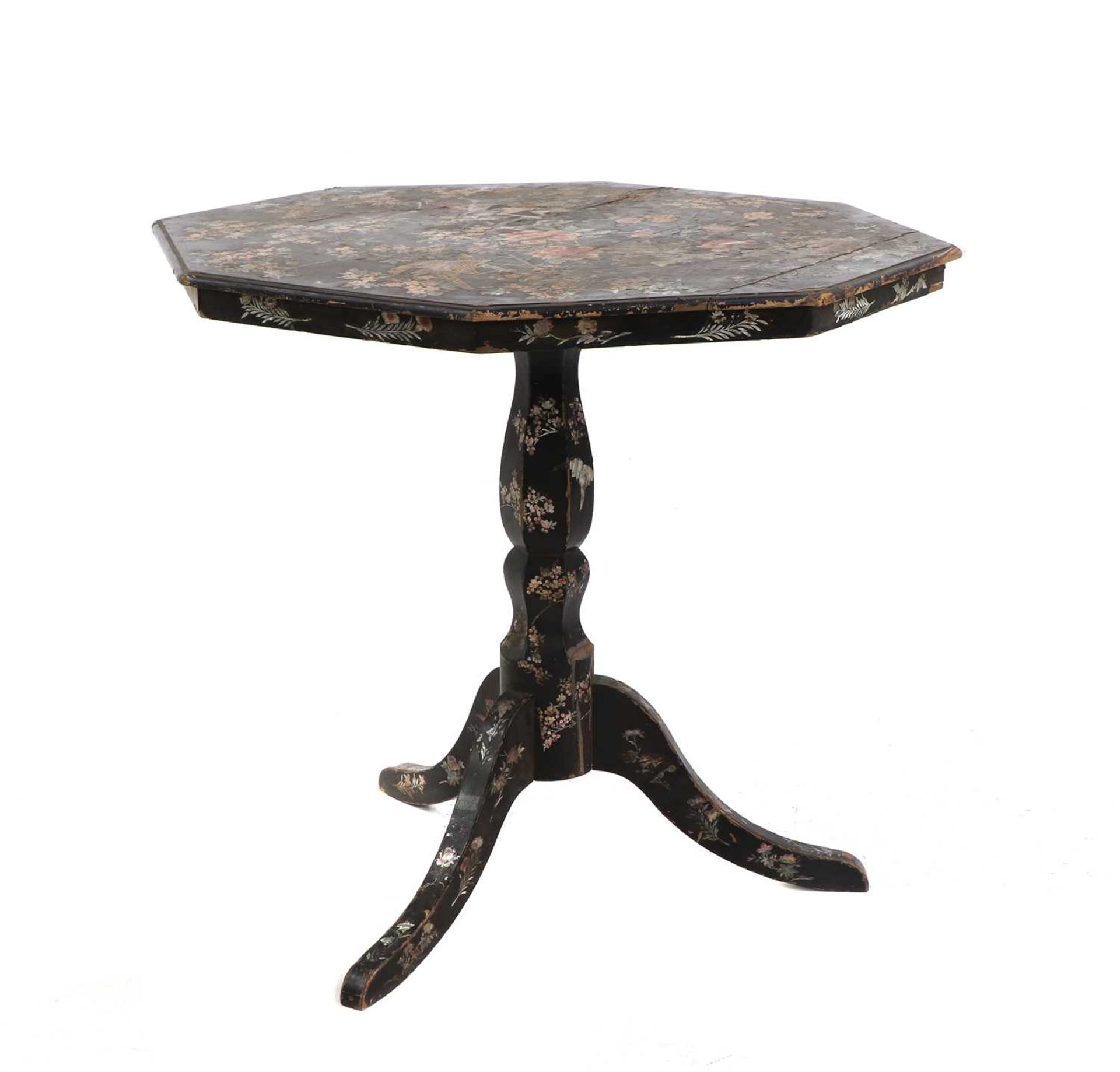 A Victorian lacquered, mother-of-pearl inlaid and painted octagonal occasional table, - Bild 2 aus 17