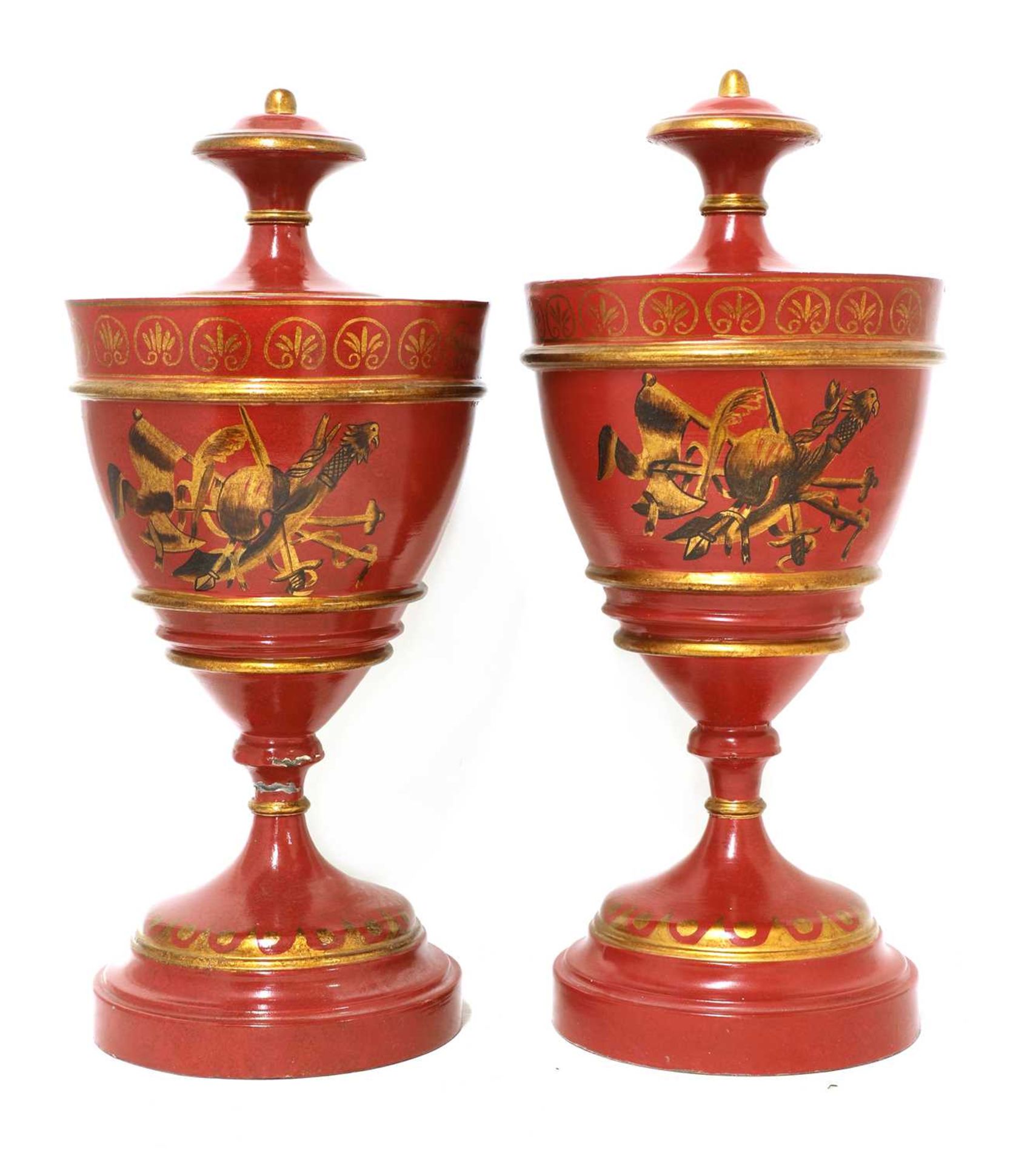 A pair of Regency-style toleware urns