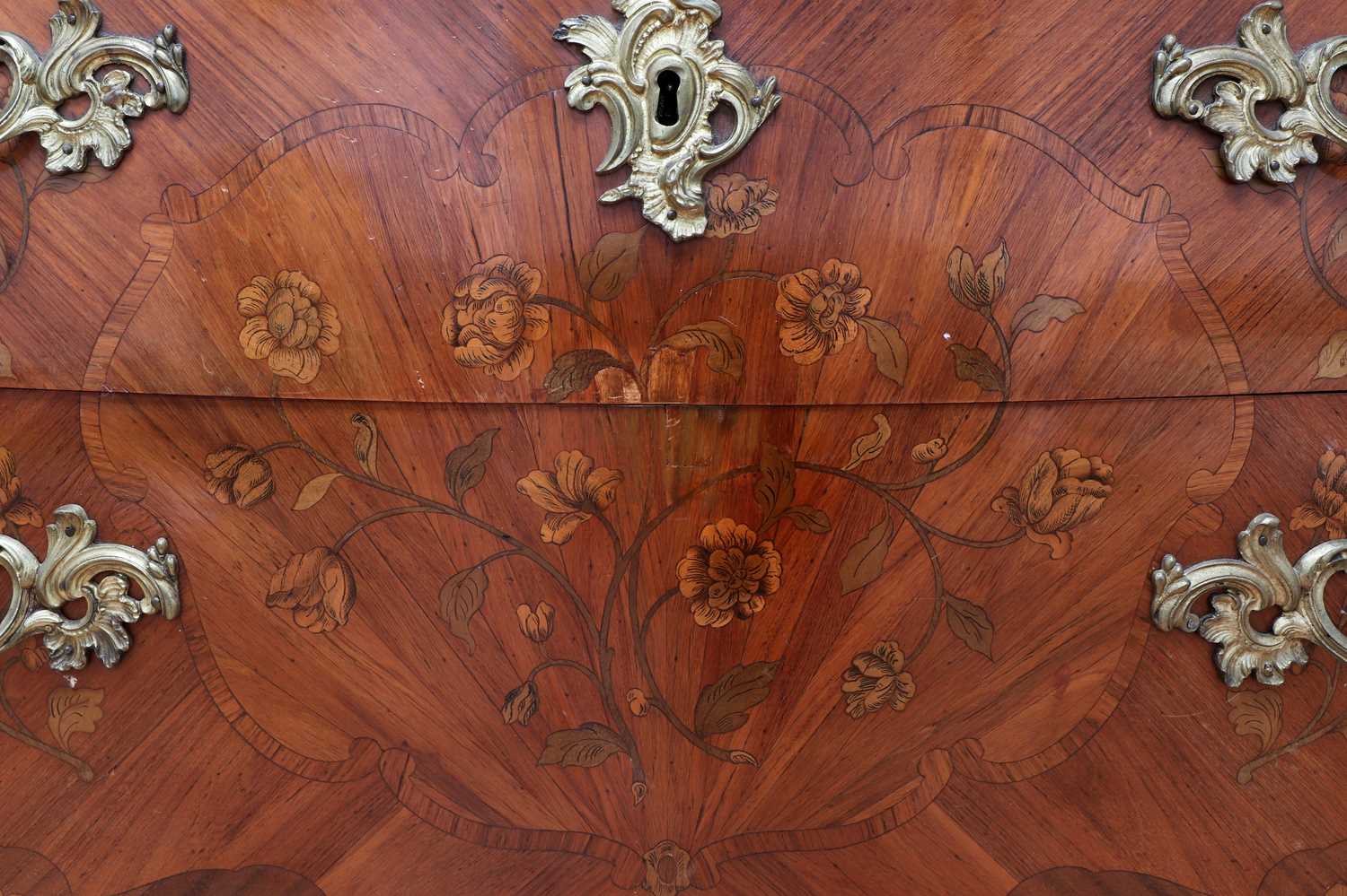 A French Louis XV mahogany, tulipwood and marquetry inlaid commode, - Image 4 of 9