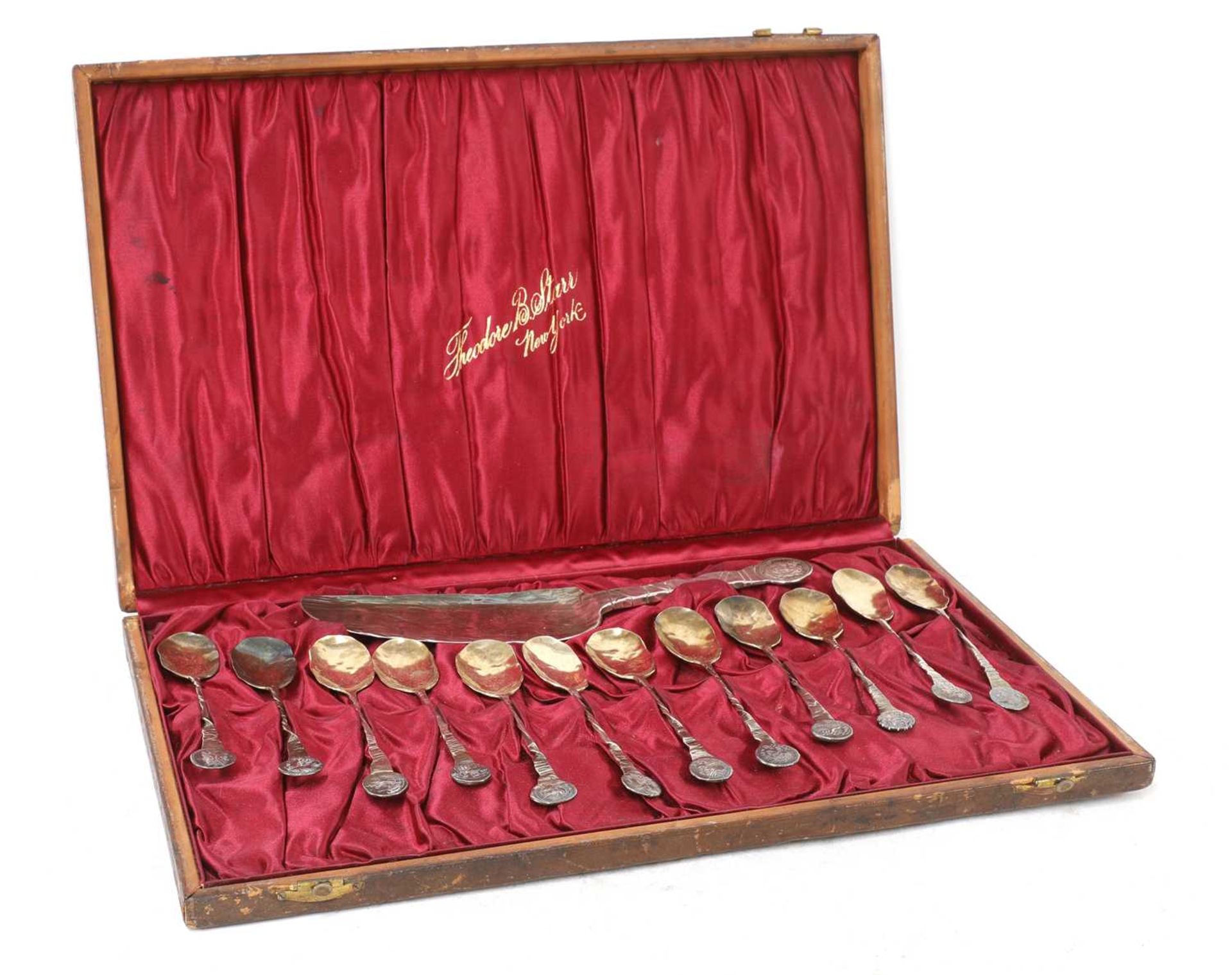 A cased set of twelve American silver ice cream spoons and cutter, - Image 2 of 11
