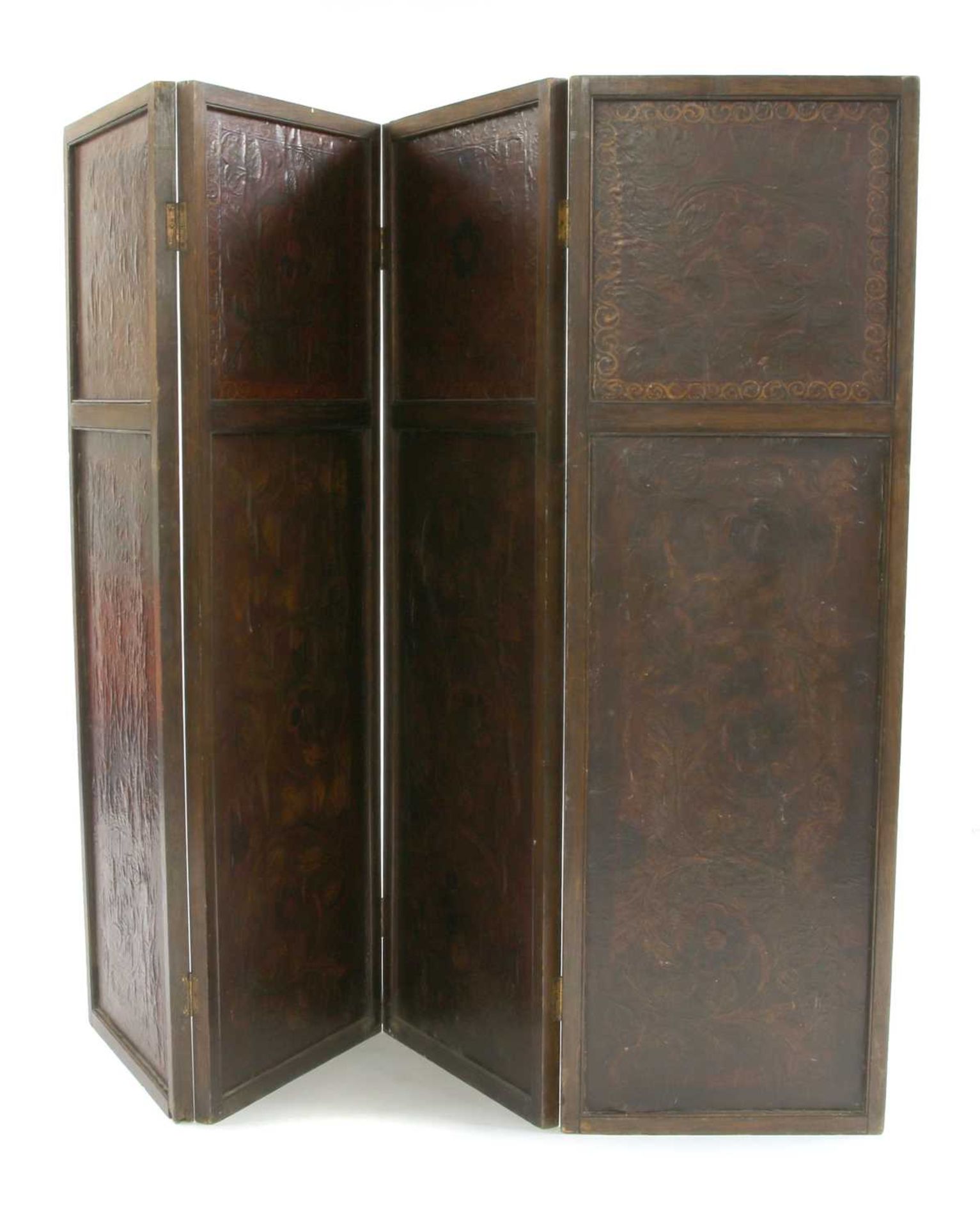 An oak and embossed leather four-fold screen, - Image 2 of 2