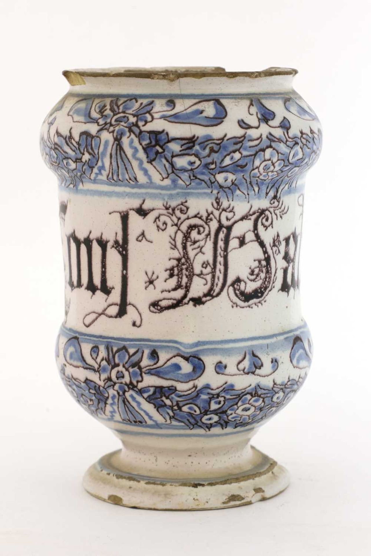 An Italian blue and white tin-glazed drug jar,