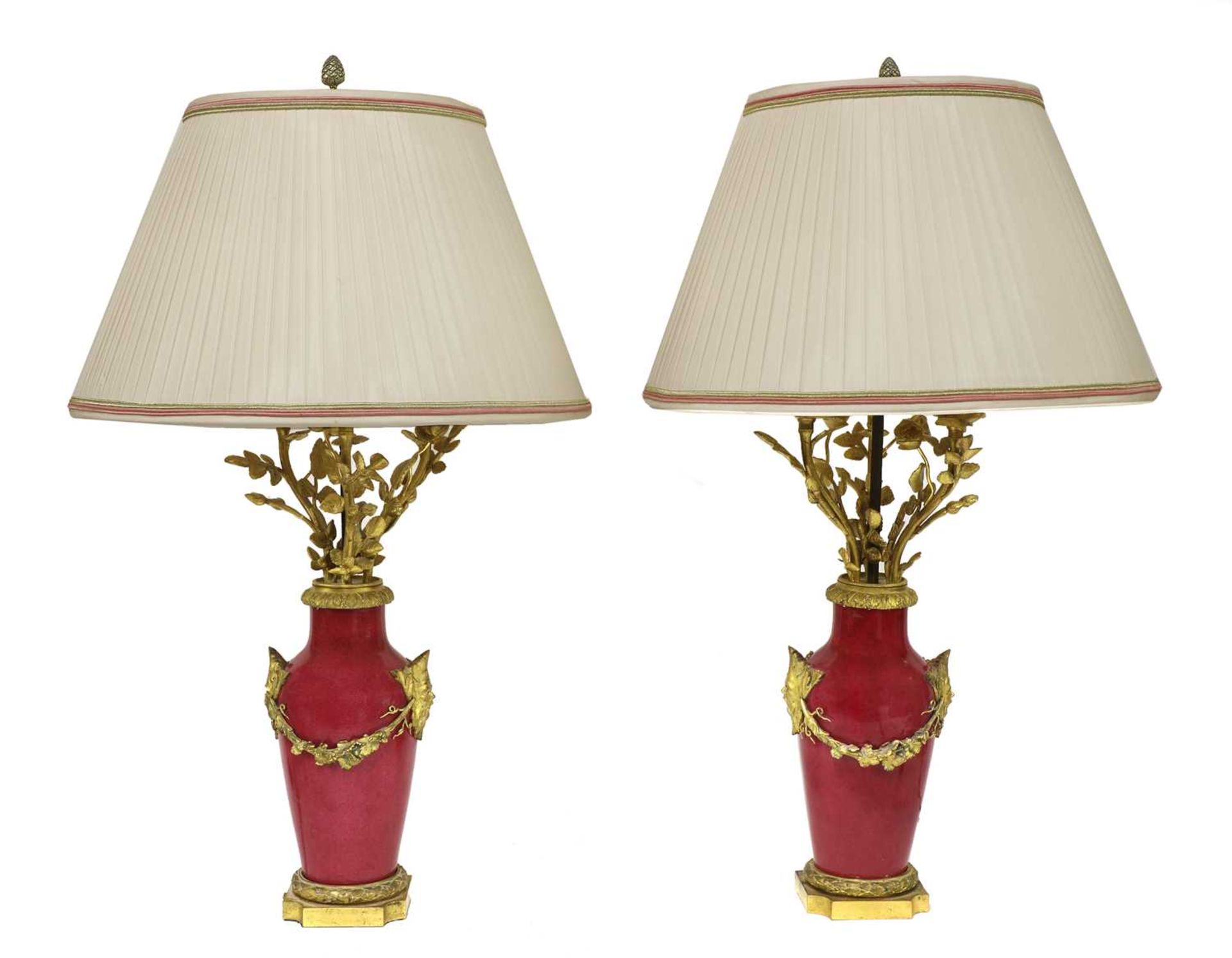 A pair of ormolu-mounted pink ground vase lamps, - Image 2 of 6