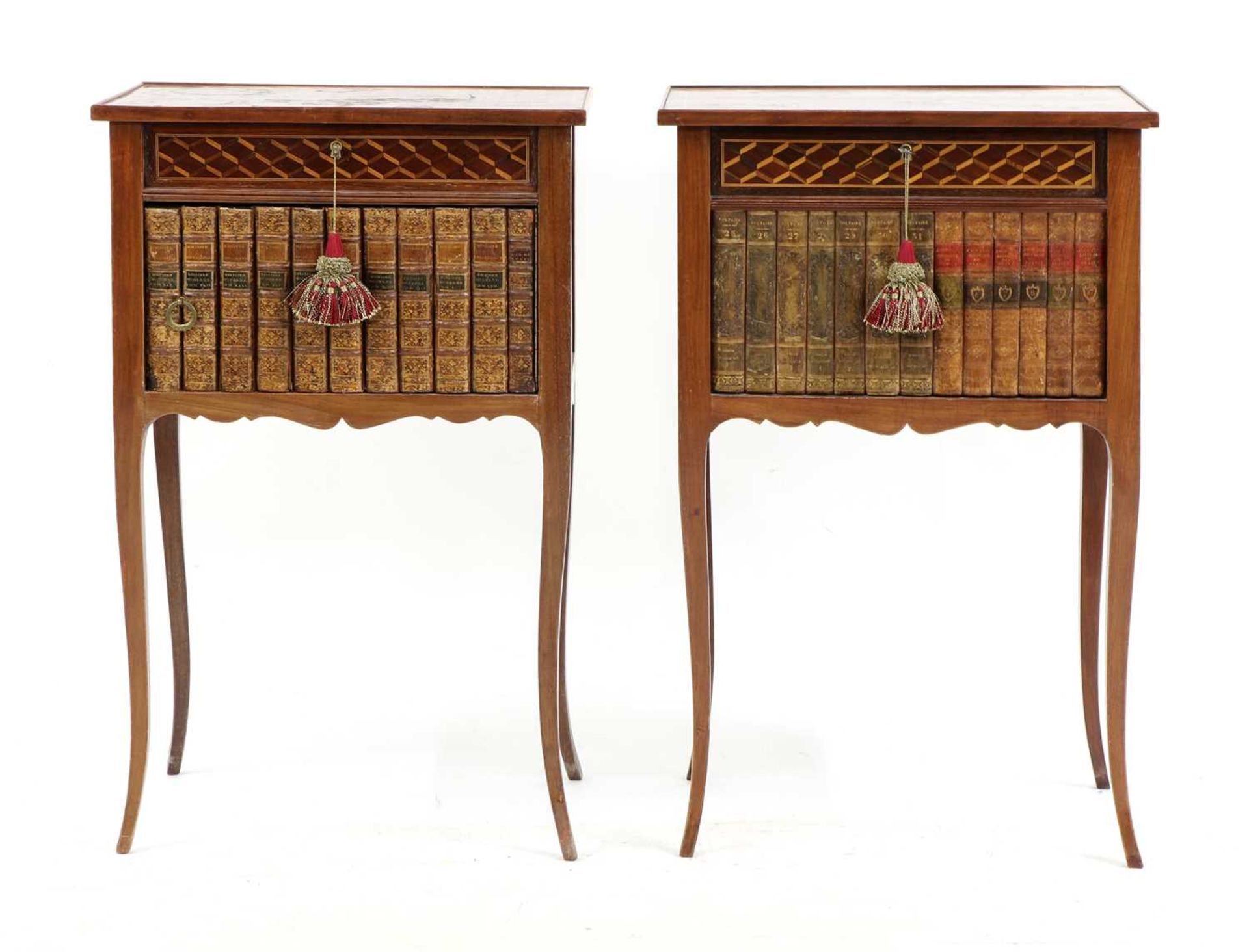 A pair of parquetry inlaid night tables,