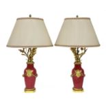 A pair of ormolu-mounted pink ground vase lamps,