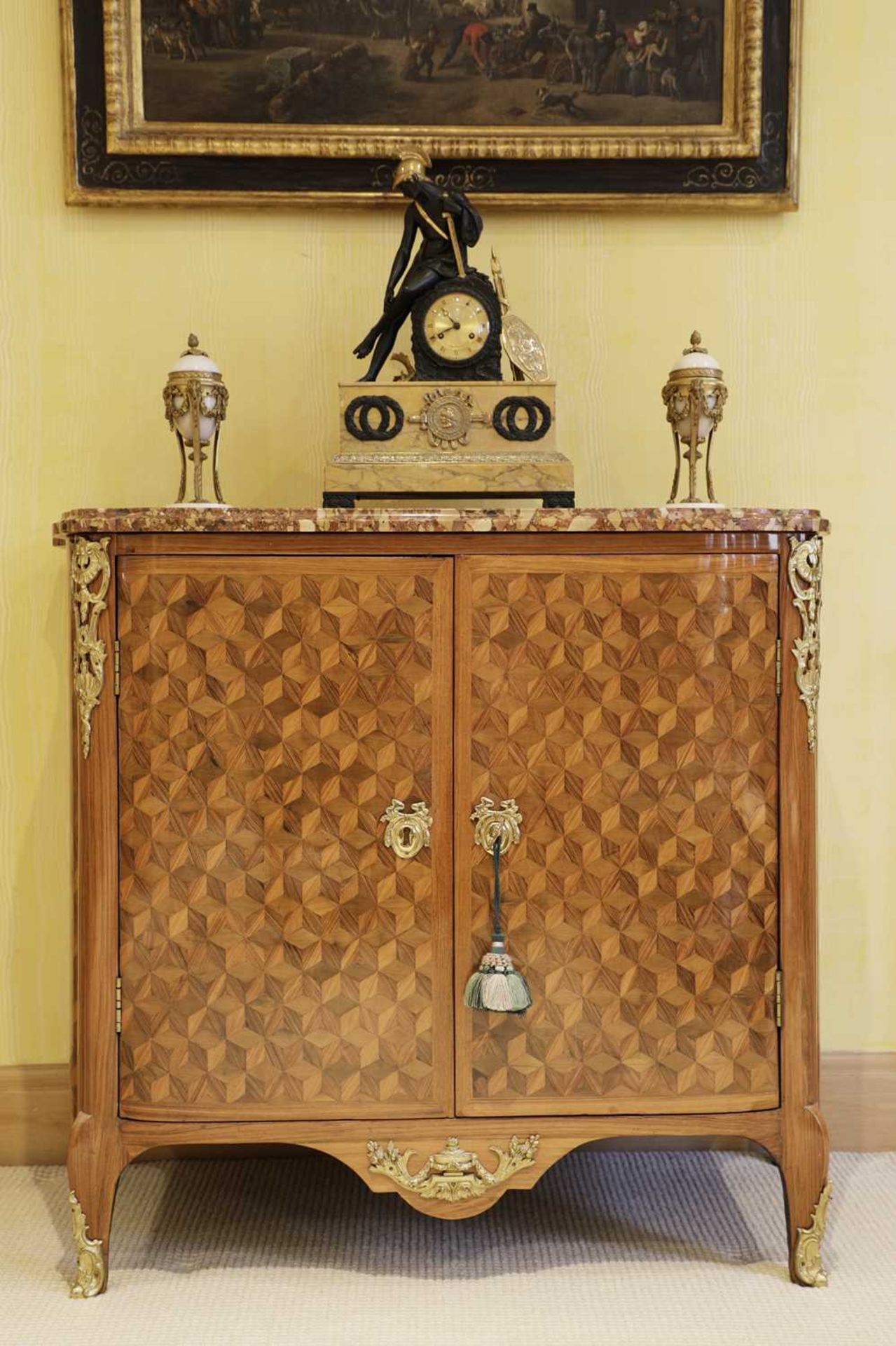 A Royal French Louis XV kingwood, tulipwood, sycamore and parquetry inlaid meuble d'entrée,