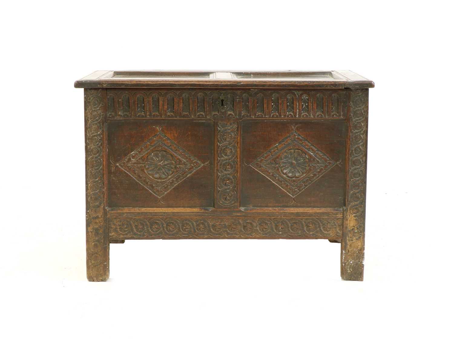 A Jacobean oak twin panelled coffer,