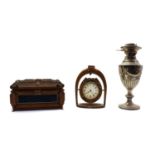 Oil lamp, box and equestrian clock