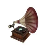 A Dulcetto oak cased gramophone with pressed tin horn