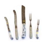 Two pairs of ceramic handled knives and forks,