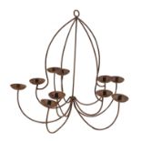 A ten armed wrought iron chandelier,