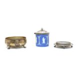 A blue and white jasperware and silver plated biscuit barrel,