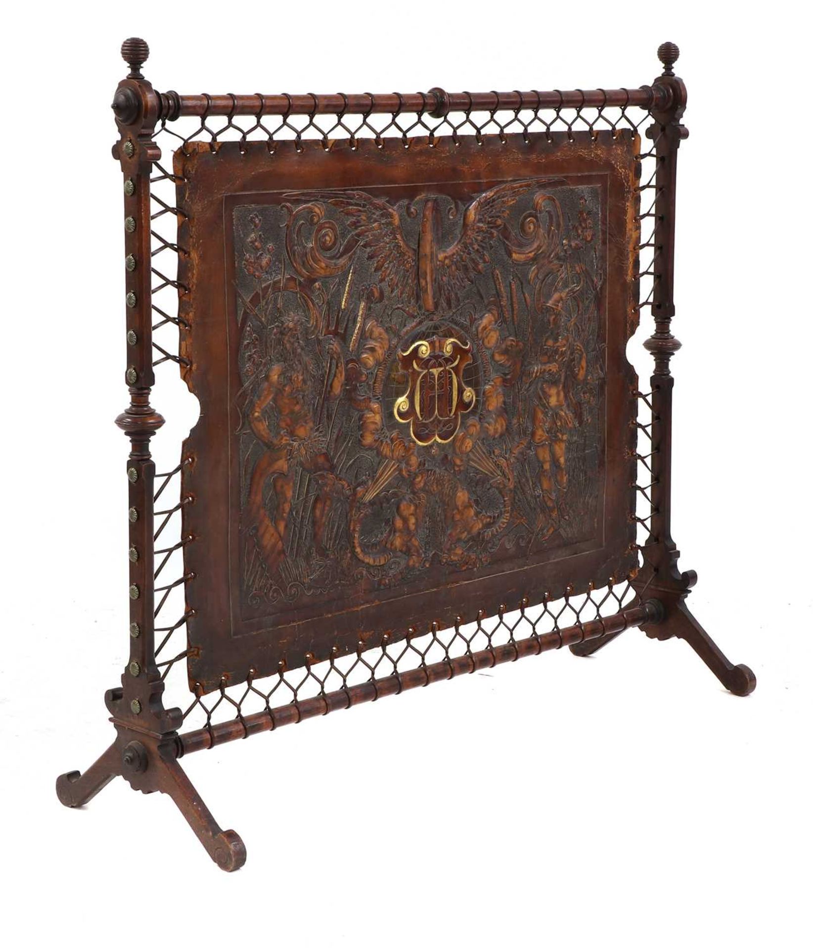 An embossed leather and walnut fire screen, - Image 2 of 3