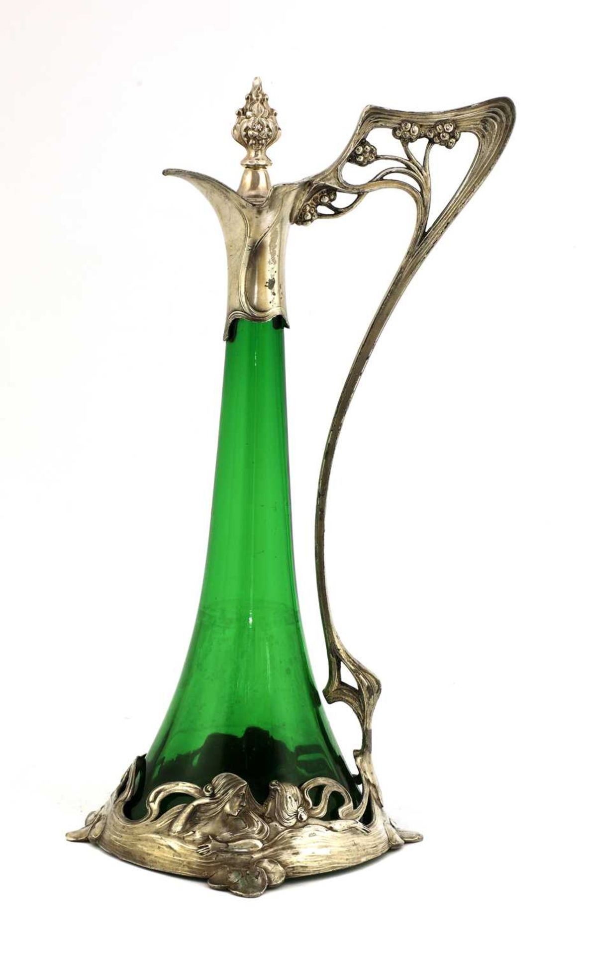 An Art Nouveau WMF silver-plated and green glass claret jug and stopper, - Bild 2 aus 3