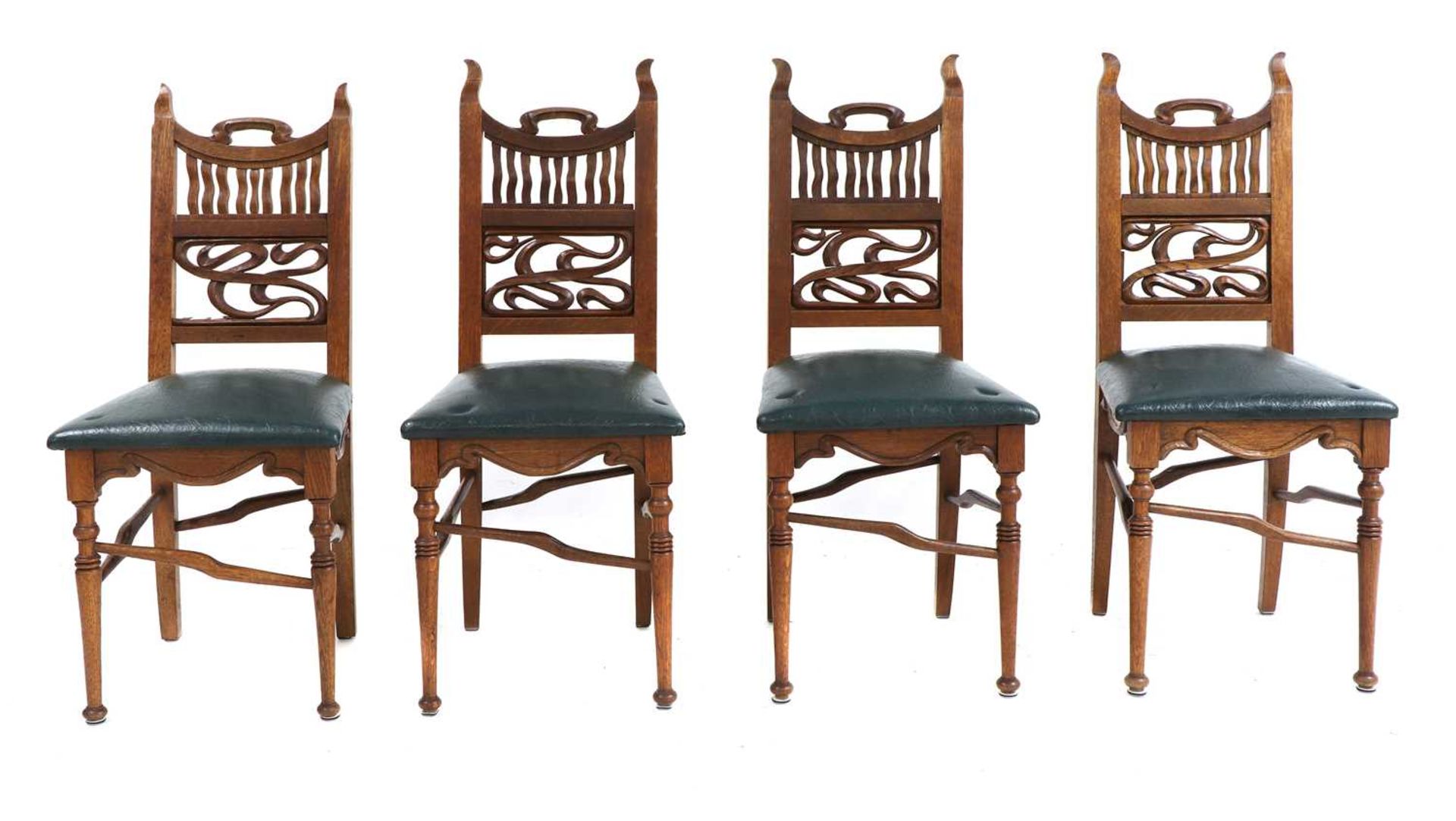A set of eight Arts and Crafts oak dining chairs, - Image 3 of 6