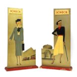 A pair of Art Deco painted wood advertising signs for 'Bondor' stockings,