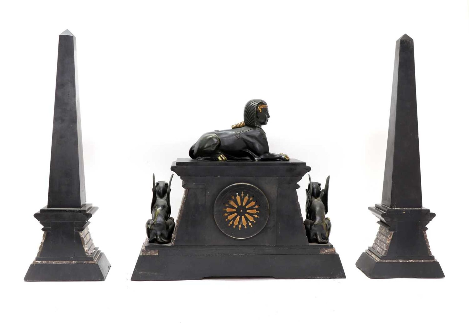 An Egyptian Revival marble and slate mantel clock garniture, - Image 4 of 4