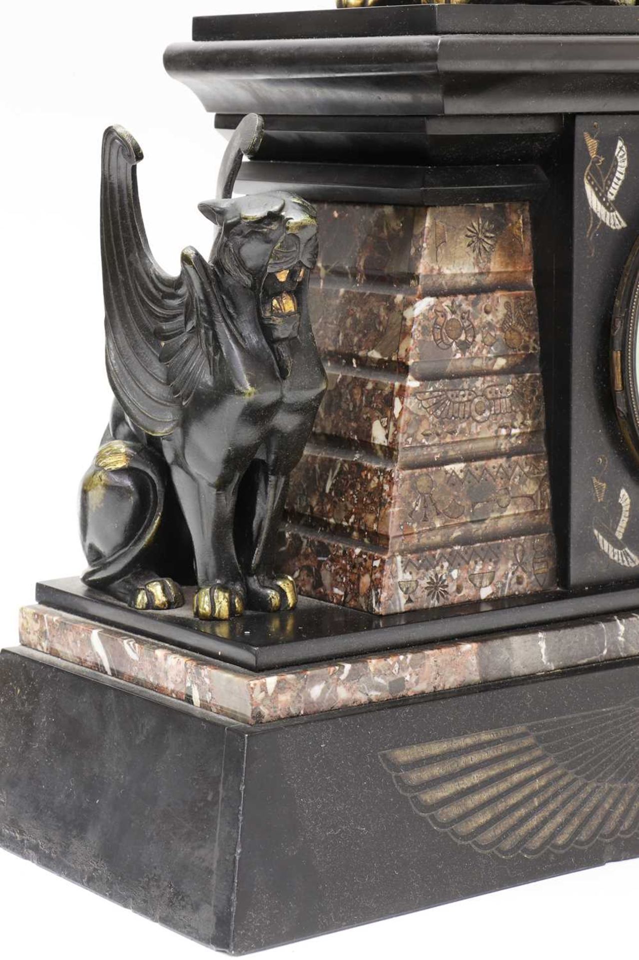 An Egyptian Revival marble and slate mantel clock garniture, - Image 2 of 4